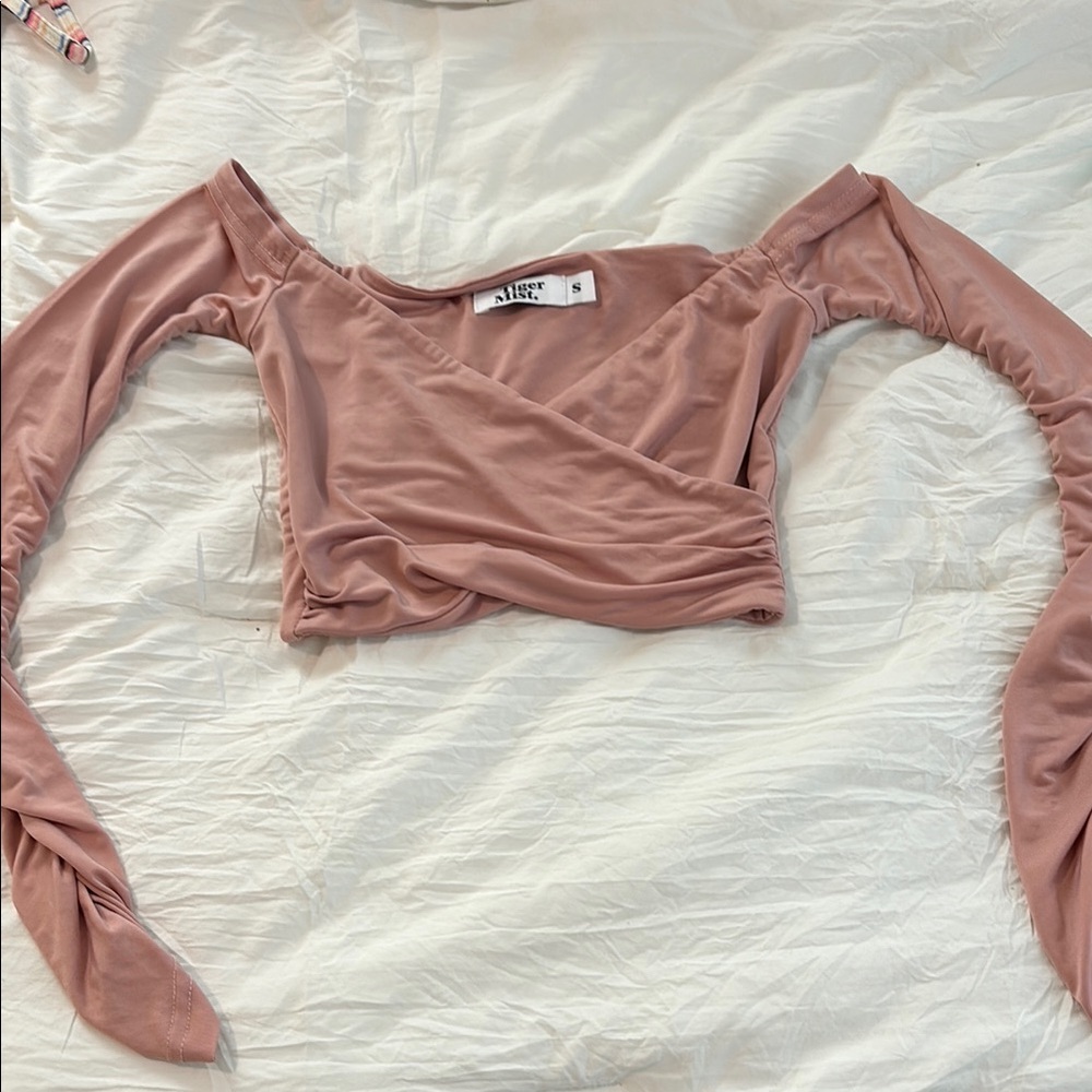 Tiger Mist Pink Asymmetrical Ruched Crop Blouse